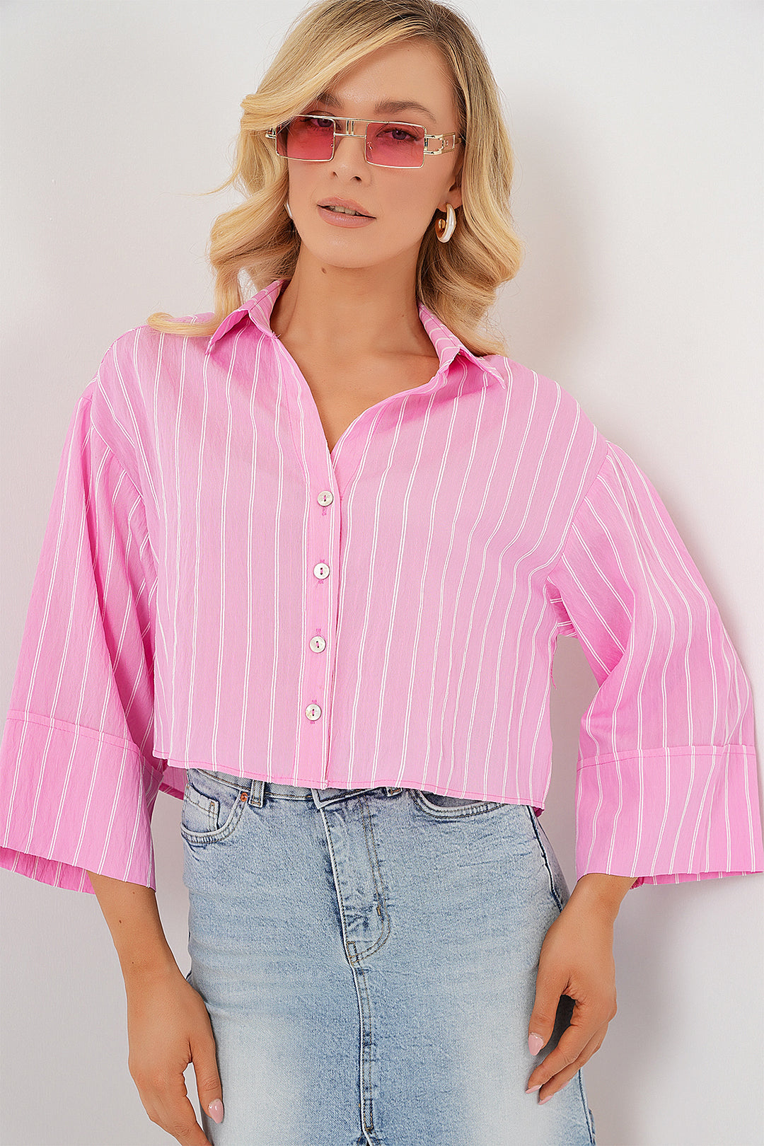 Bigdart Chemise courte oversize à rayures pour femme 20326 - Rose