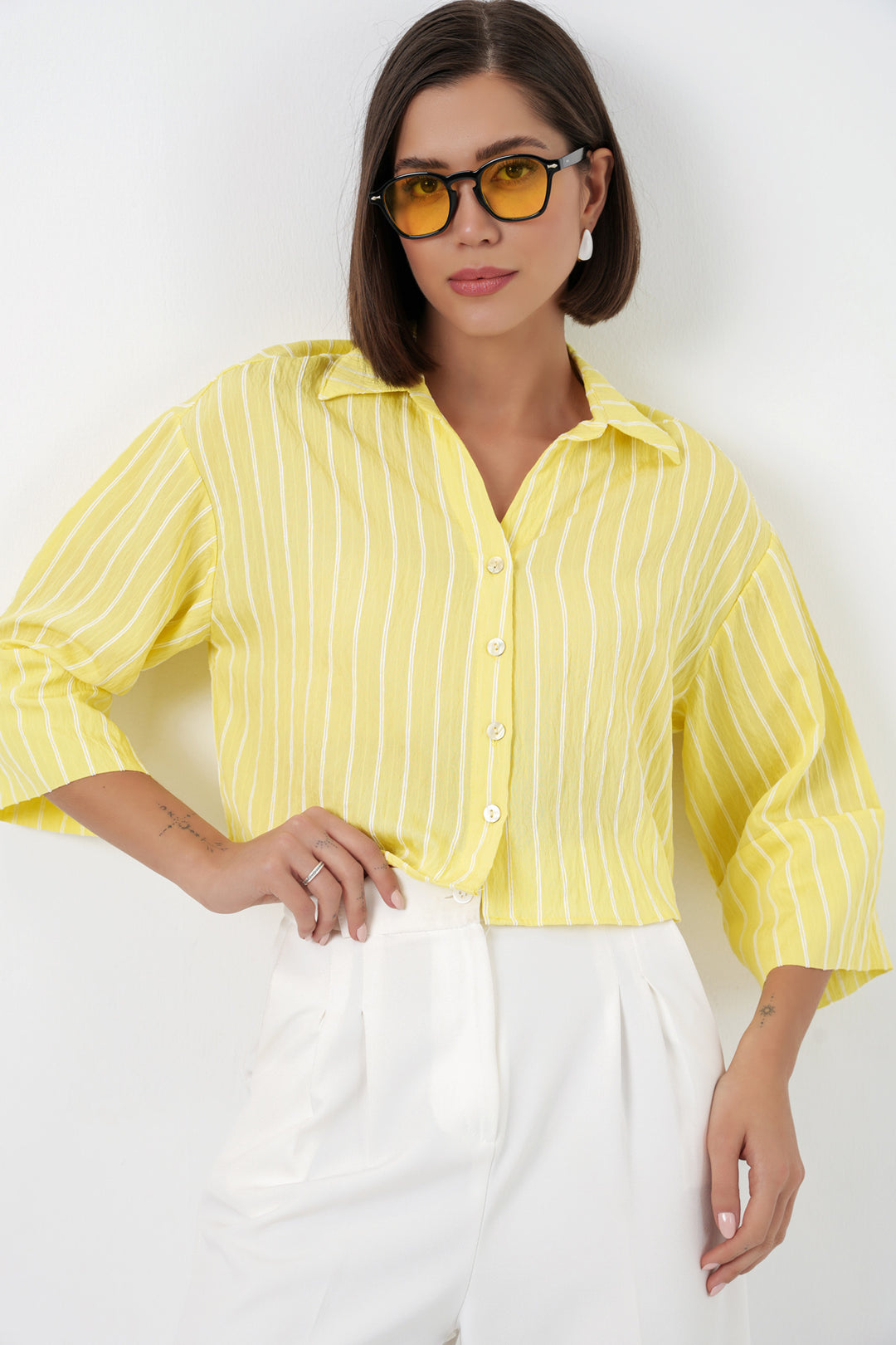 Bigdart Chemise courte oversize à rayures femme 20326 - Jaune