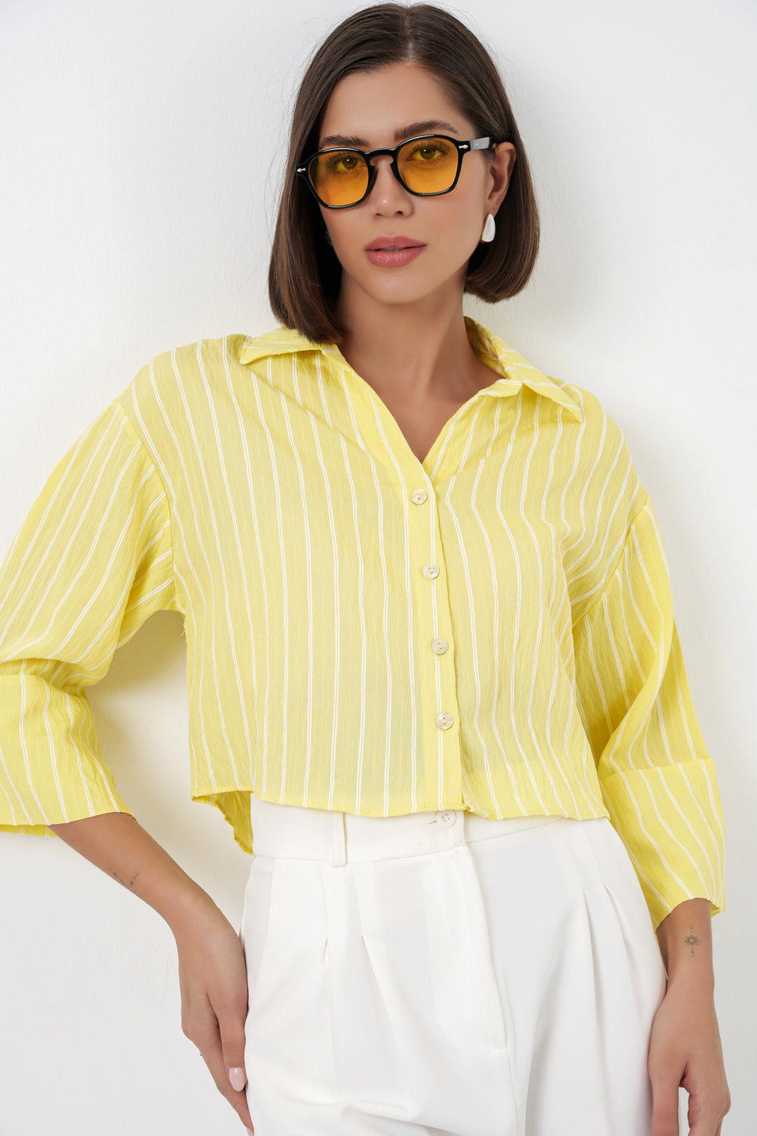 Bigdart Chemise courte oversize à rayures femme 20326 - Jaune