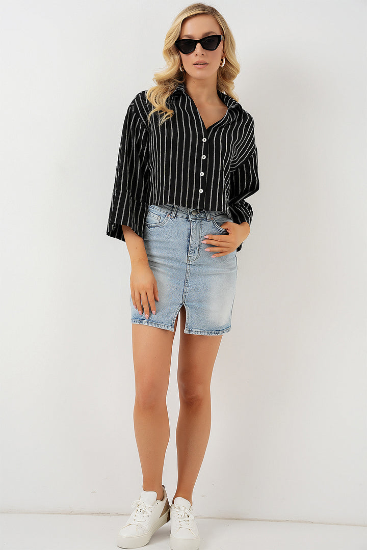 Bigdart Chemise courte oversize à rayures femme 20326 - Noir