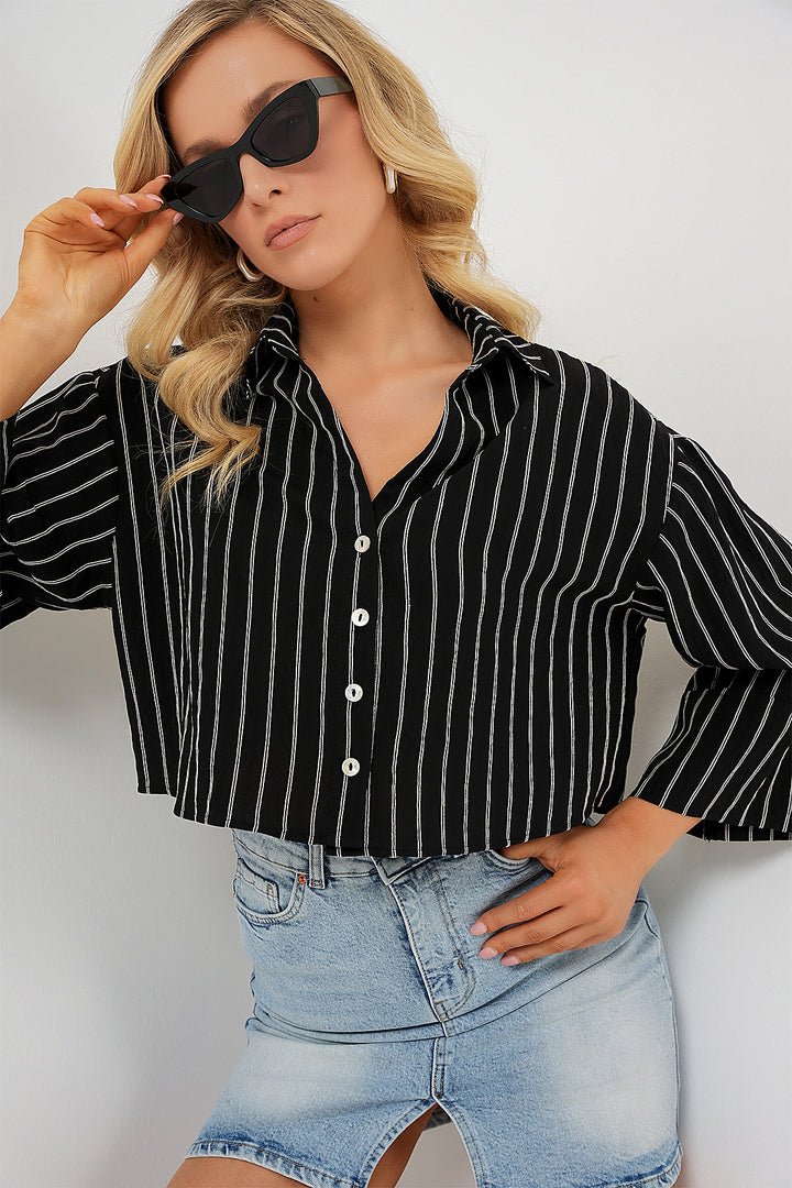 Bigdart Chemise courte oversize à rayures femme 20326 - Noir