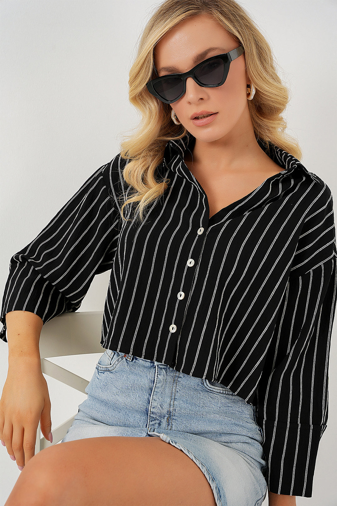 Bigdart Chemise courte oversize à rayures femme 20326 - Noir