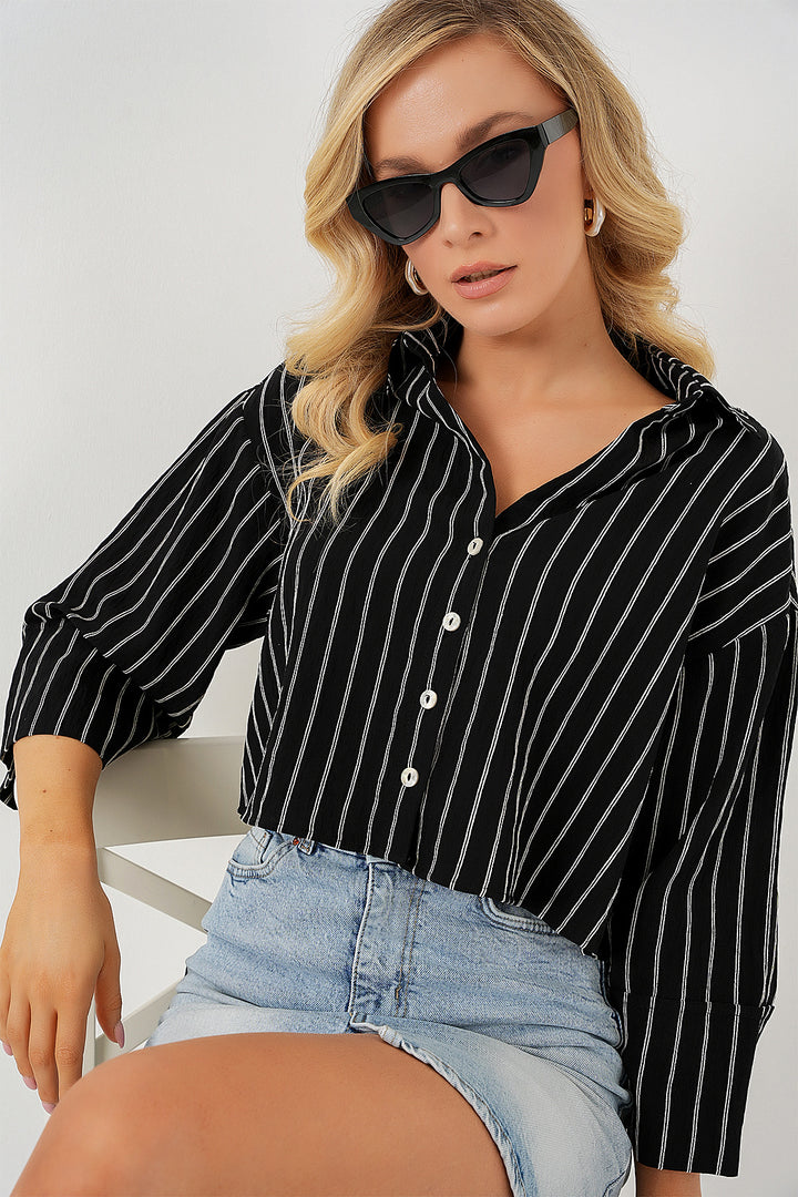 Bigdart Chemise courte oversize à rayures femme 20326 - Noir