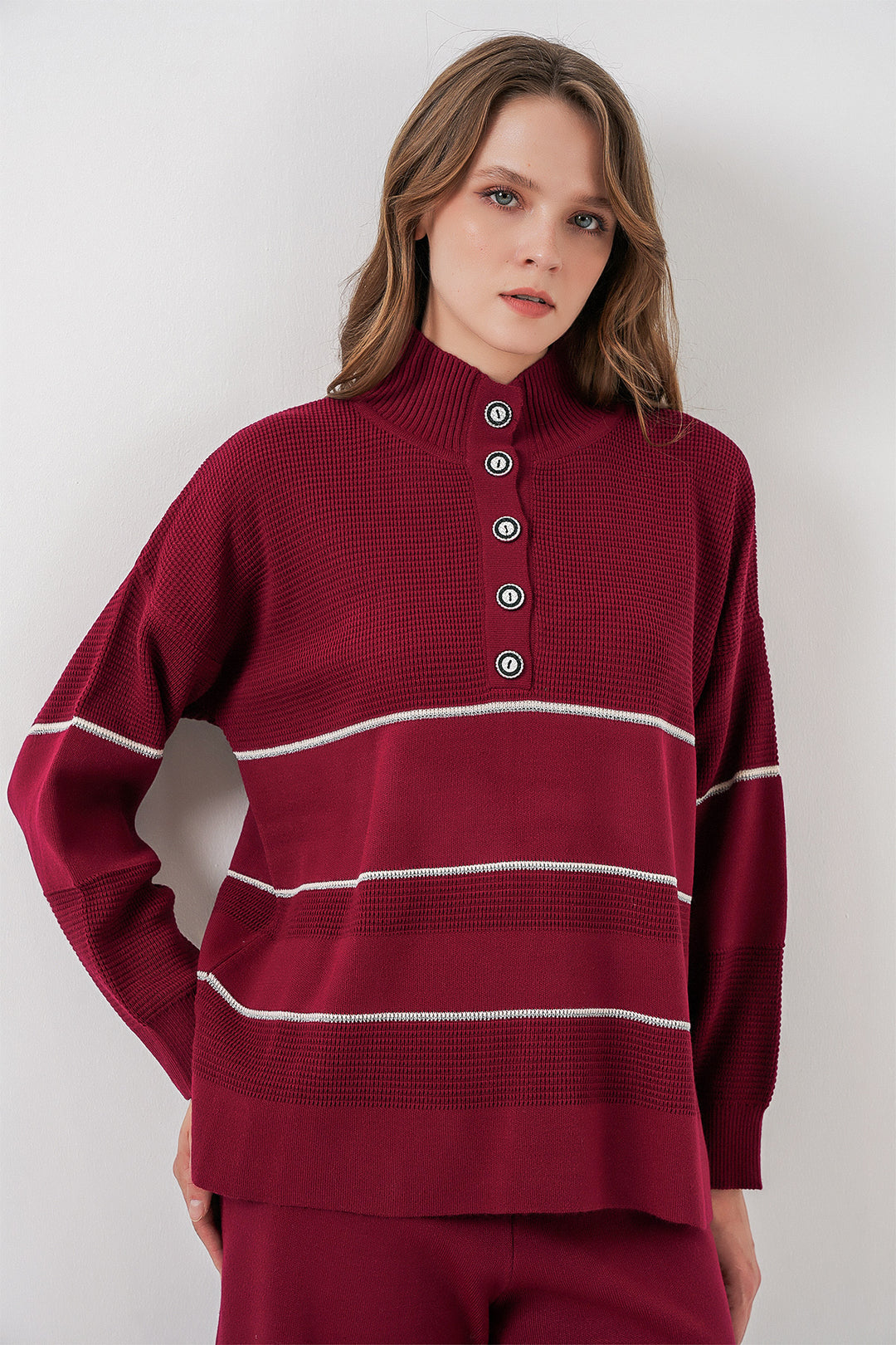 Bigdart Ensemble Tricot Oversize Rayé pour Femmes 15957 - Bordeaux