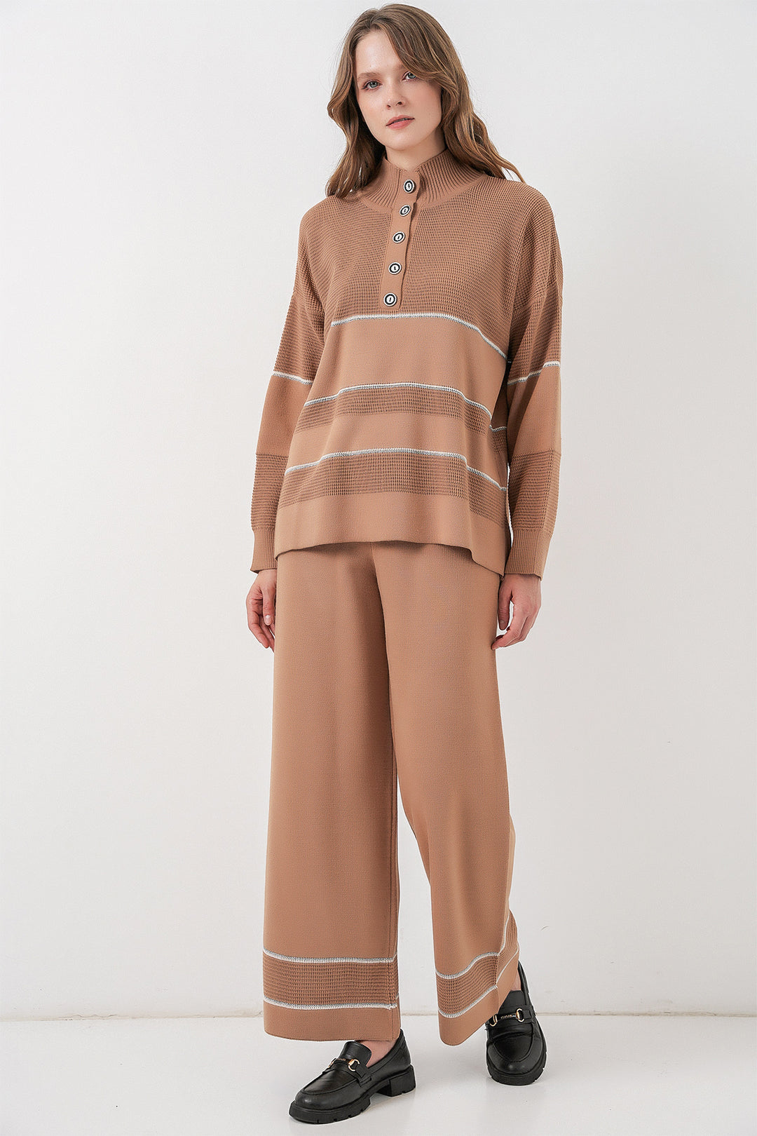 Bigdart Ensemble Tricot Oversize Rayé pour Femmes 15957 - Camel