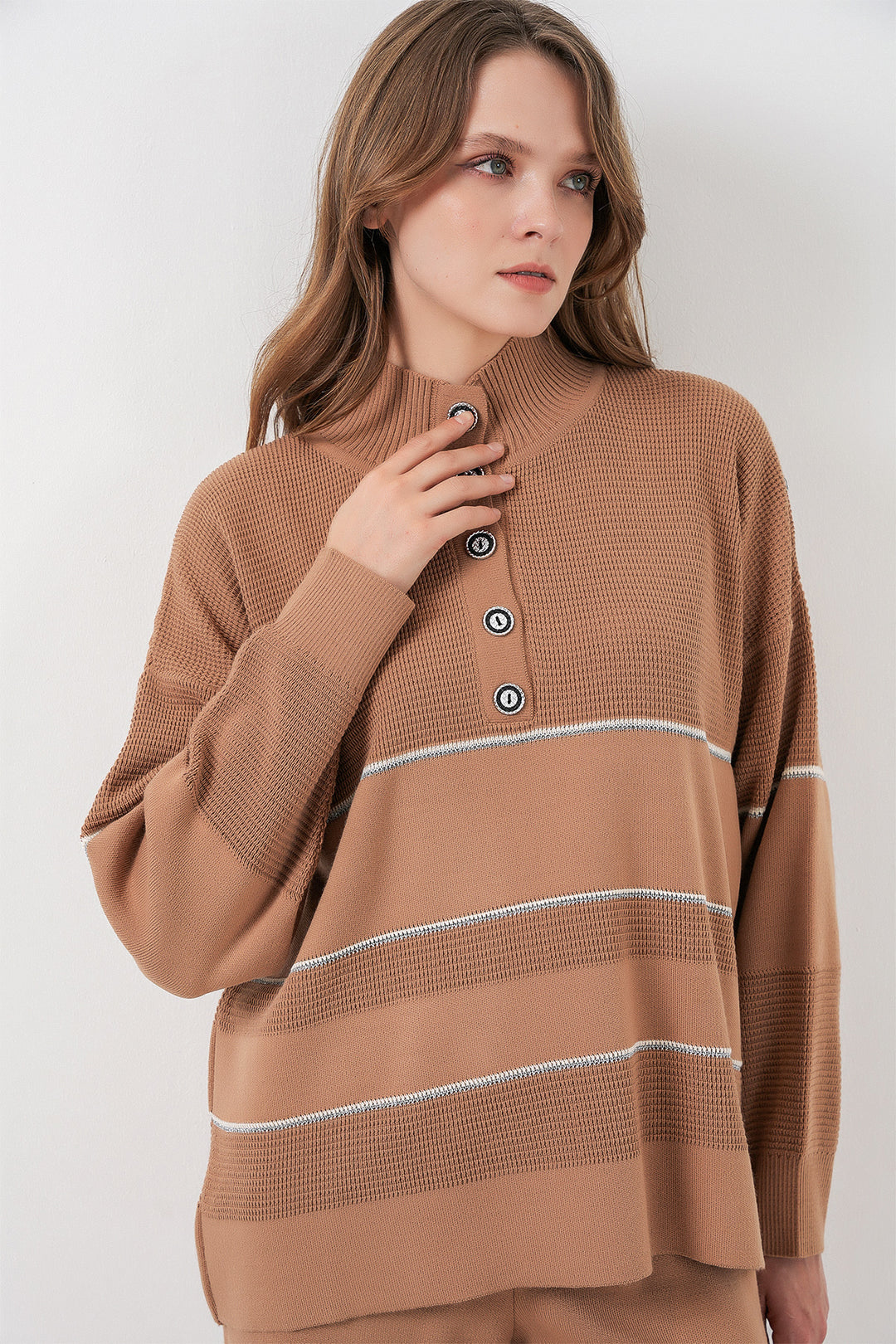 Bigdart Ensemble Tricot Oversize Rayé pour Femmes 15957 - Camel