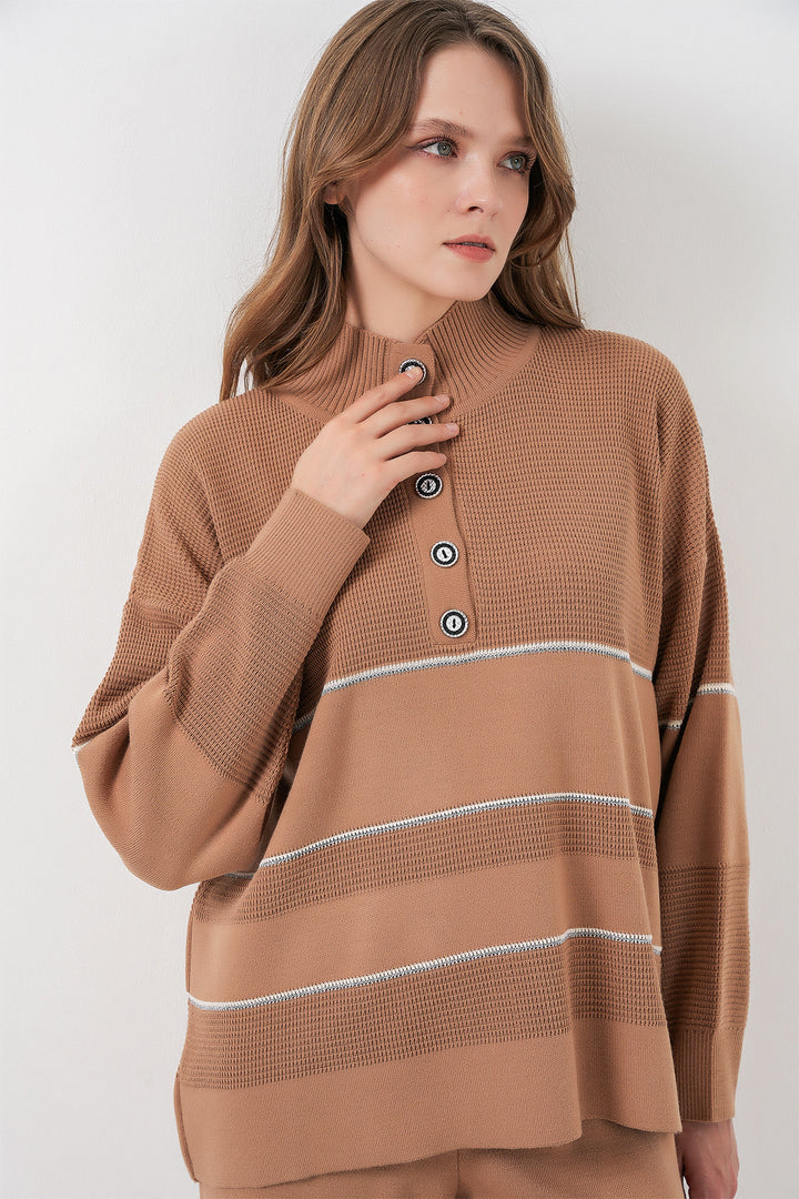 Bigdart Ensemble Tricot Oversize Rayé pour Femmes 15957 - Camel