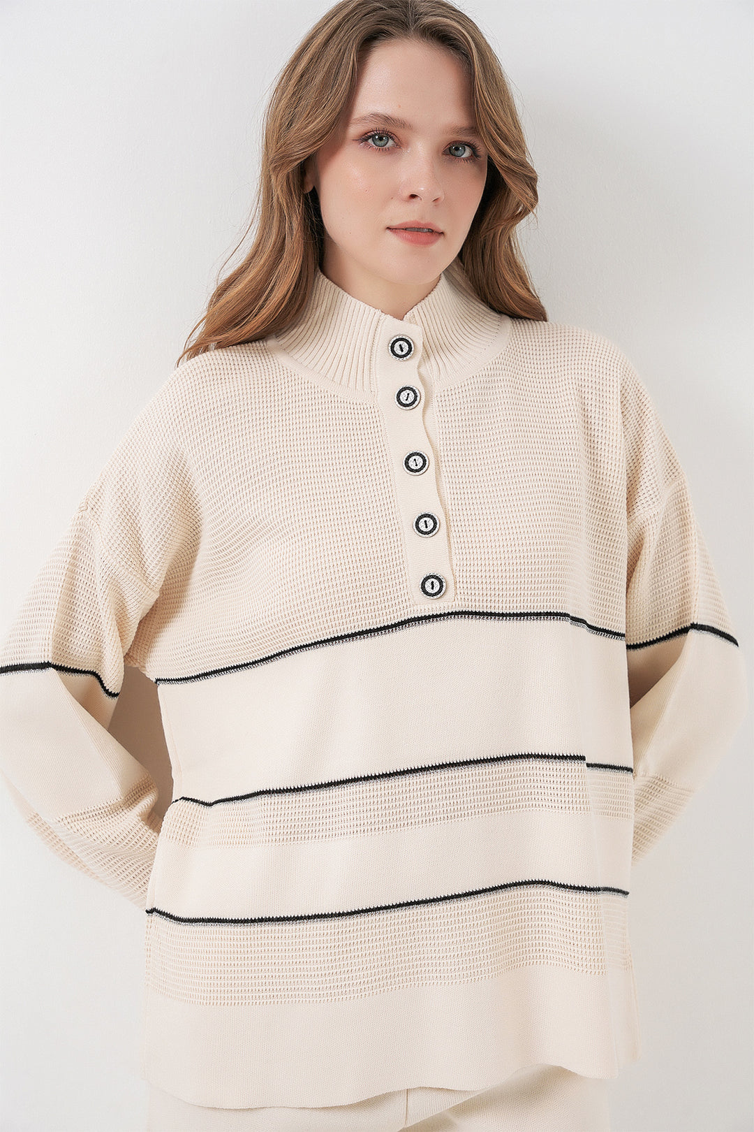 Bigdart Ensemble Tricot Oversize Rayé pour Femmes 15957 - Écru