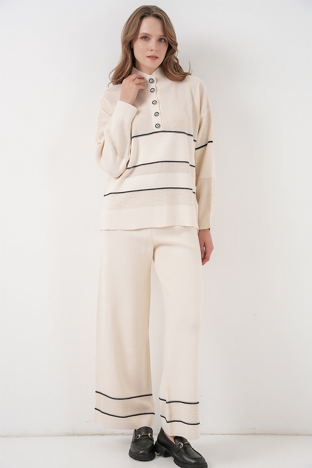 Bigdart Ensemble Tricot Oversize Rayé pour Femmes 15957 - Écru