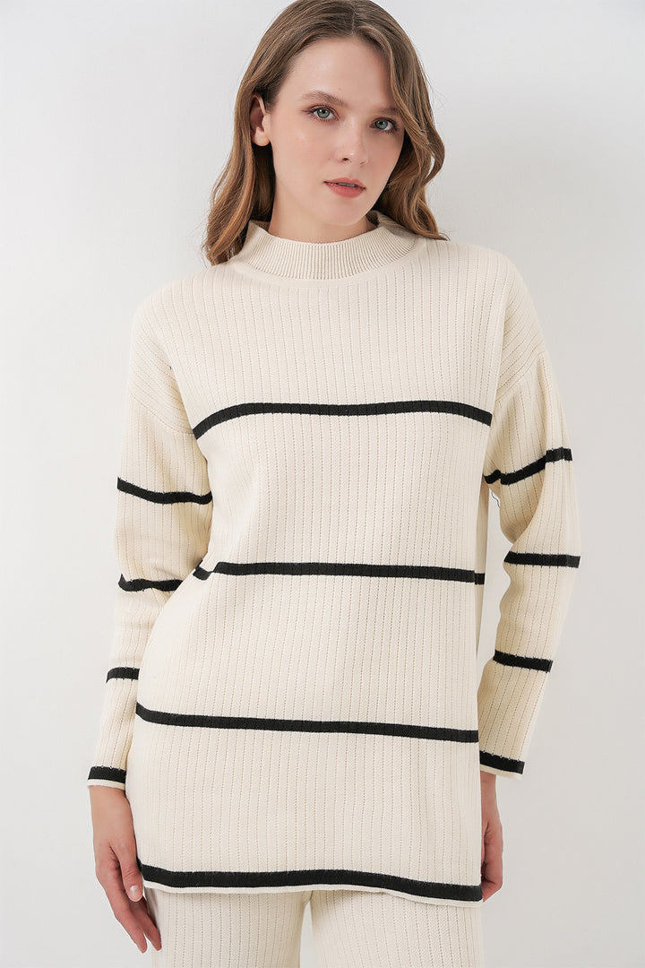 Bigdart Ensemble Tricot Oversize Rayé pour Femmes 15959 - Écru