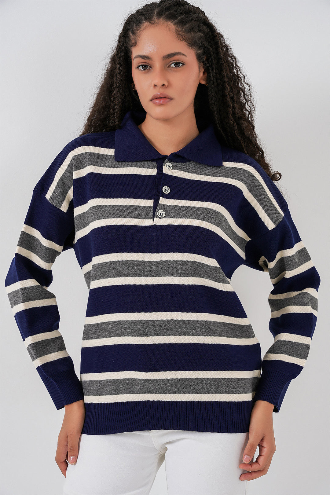 Bigdart Pull en tricot à col polo rayé pour femme 15952 - Bleu marine