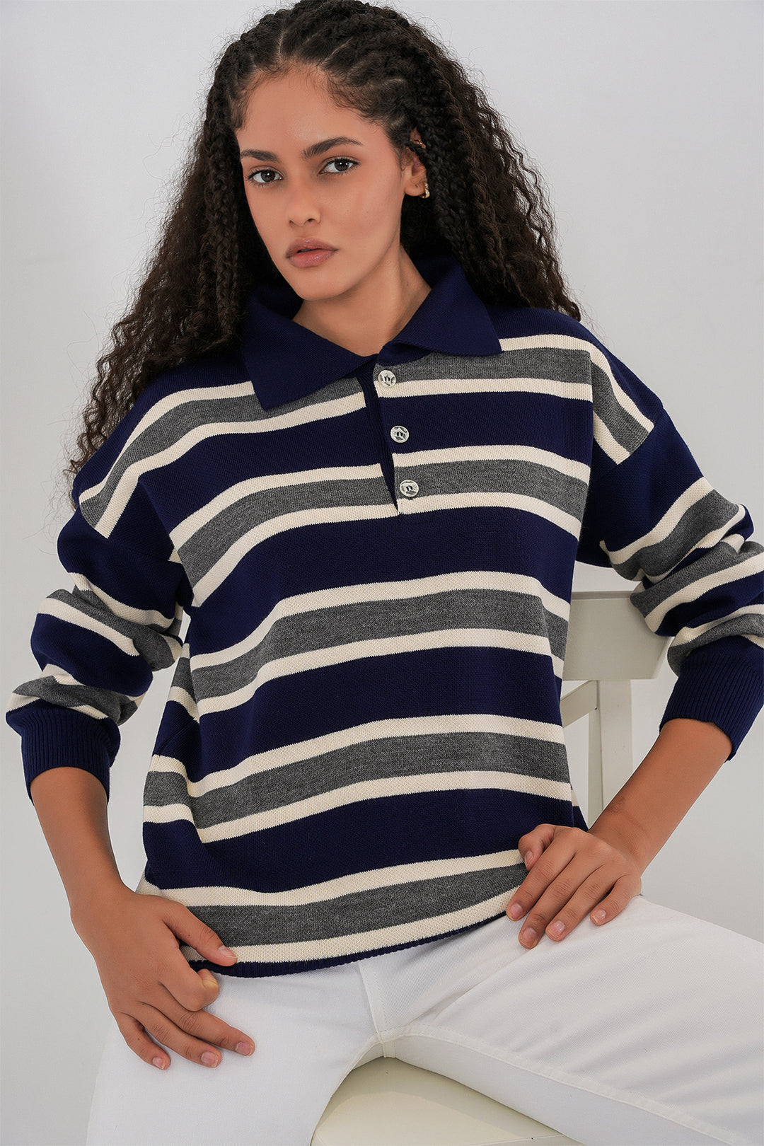 Bigdart Pull en tricot à col polo rayé pour femme 15952 - Bleu marine