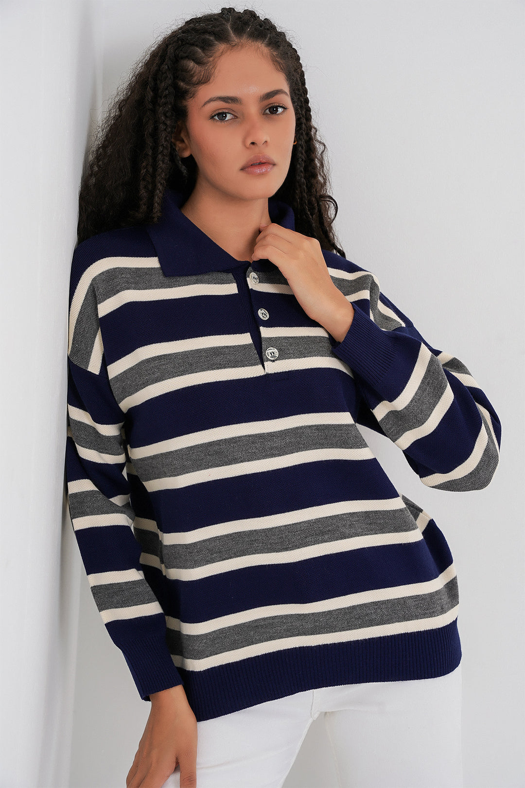 Bigdart Pull en tricot à col polo rayé pour femme 15952 - Bleu marine