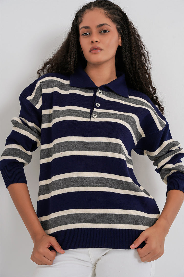 Bigdart Pull en tricot à col polo rayé pour femme 15952 - Bleu marine