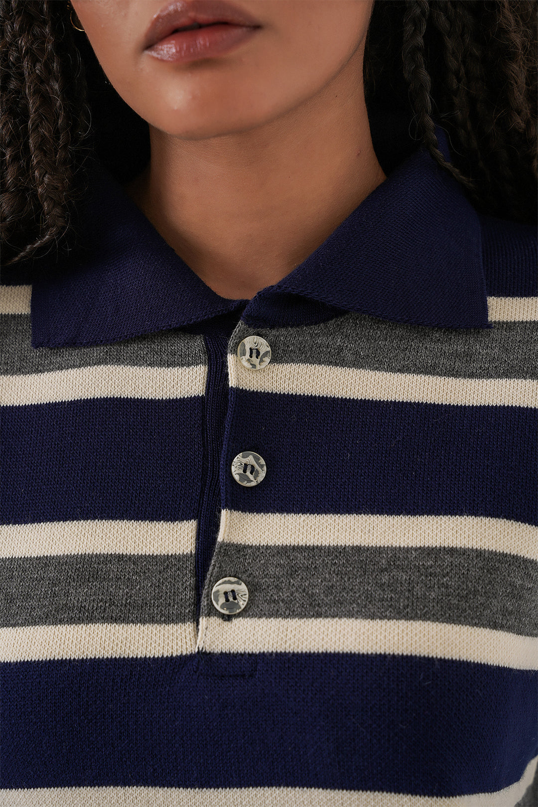 Bigdart Pull en tricot à col polo rayé pour femme 15952 - Bleu marine