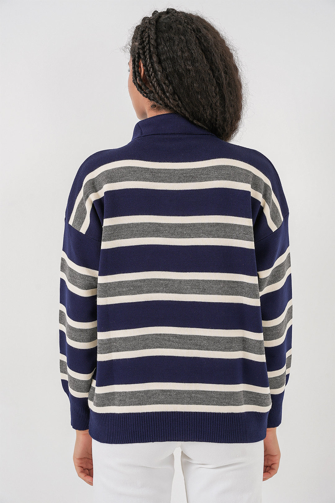 Bigdart Pull en tricot à col polo rayé pour femme 15952 - Bleu marine