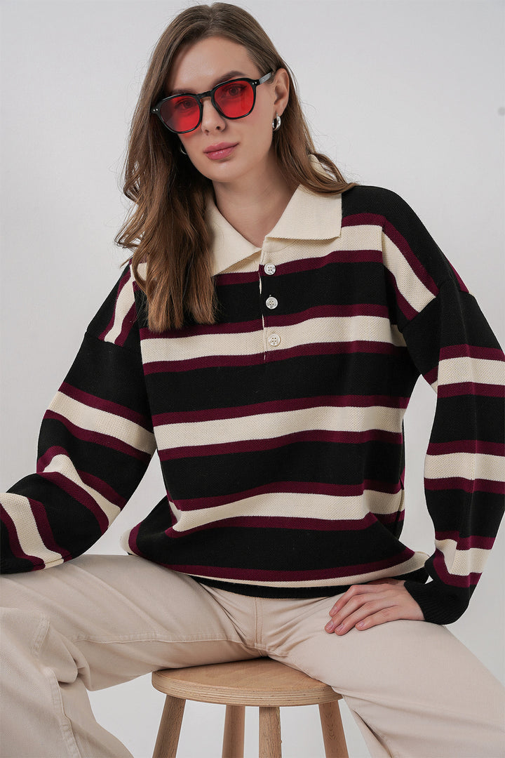 Bigdart Pull en tricot à col polo rayé pour femme 15952 - Noir