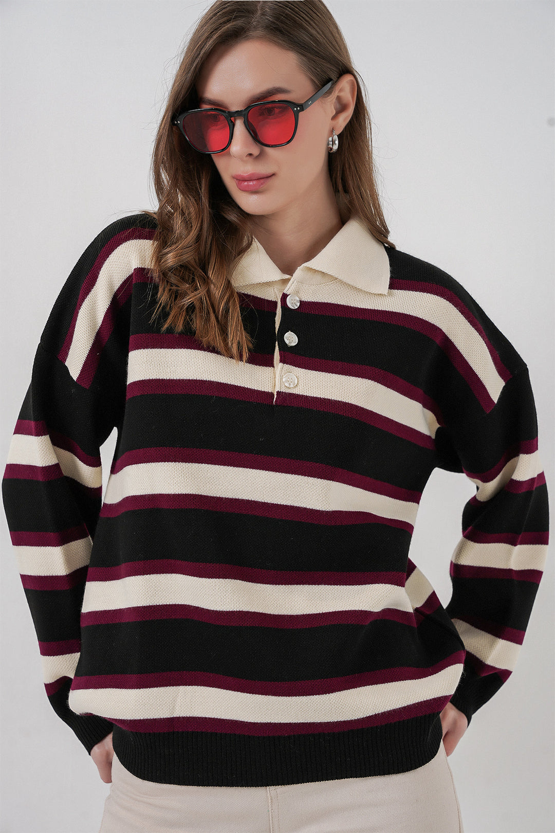 Bigdart Pull en tricot à col polo rayé pour femme 15952 - Noir