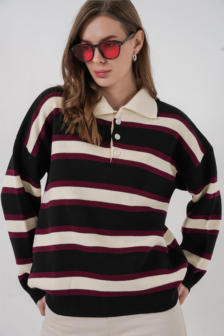 Bigdart Pull en tricot à col polo rayé pour femme 15952 - Noir