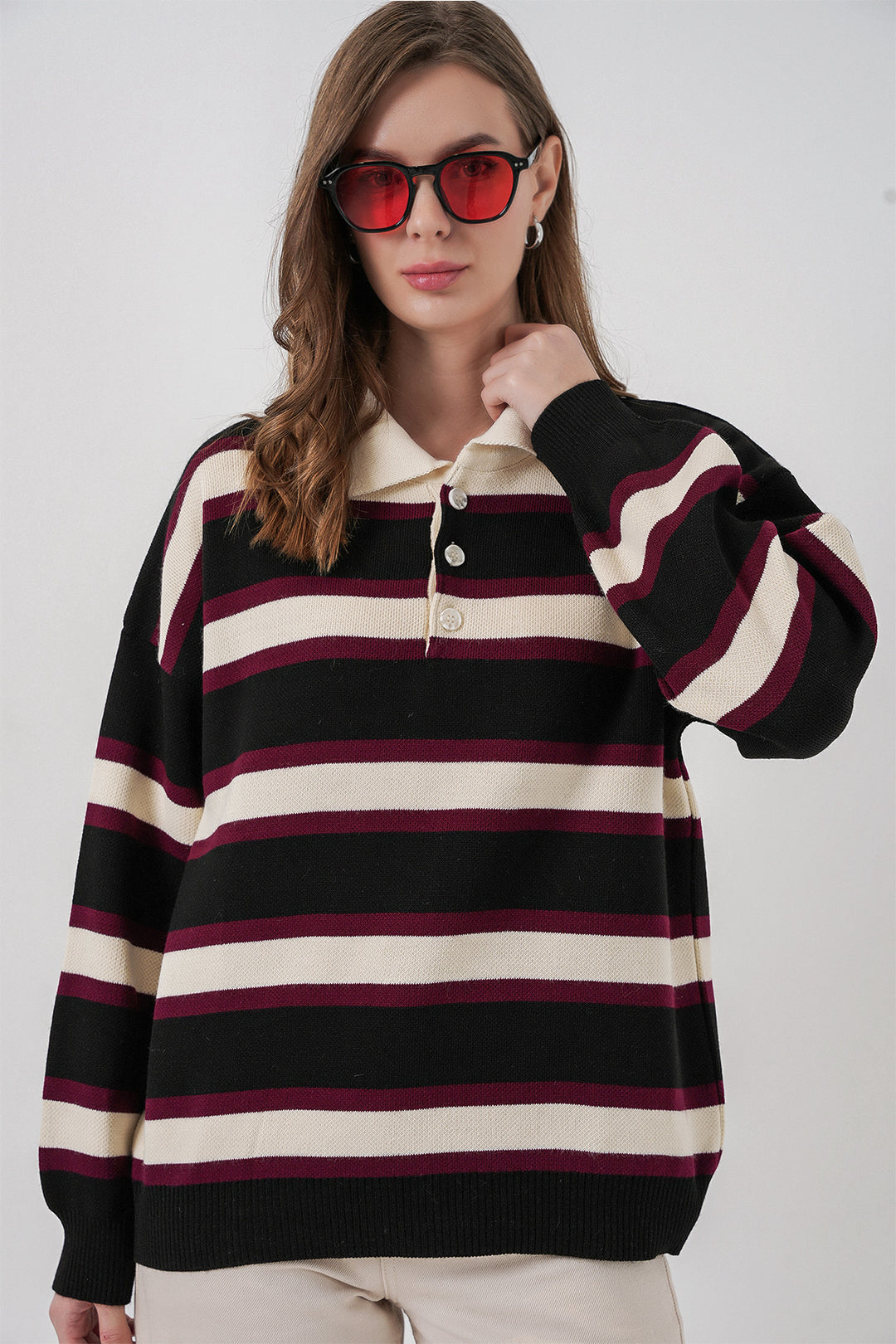 Bigdart Pull en tricot à col polo rayé pour femme 15952 - Noir