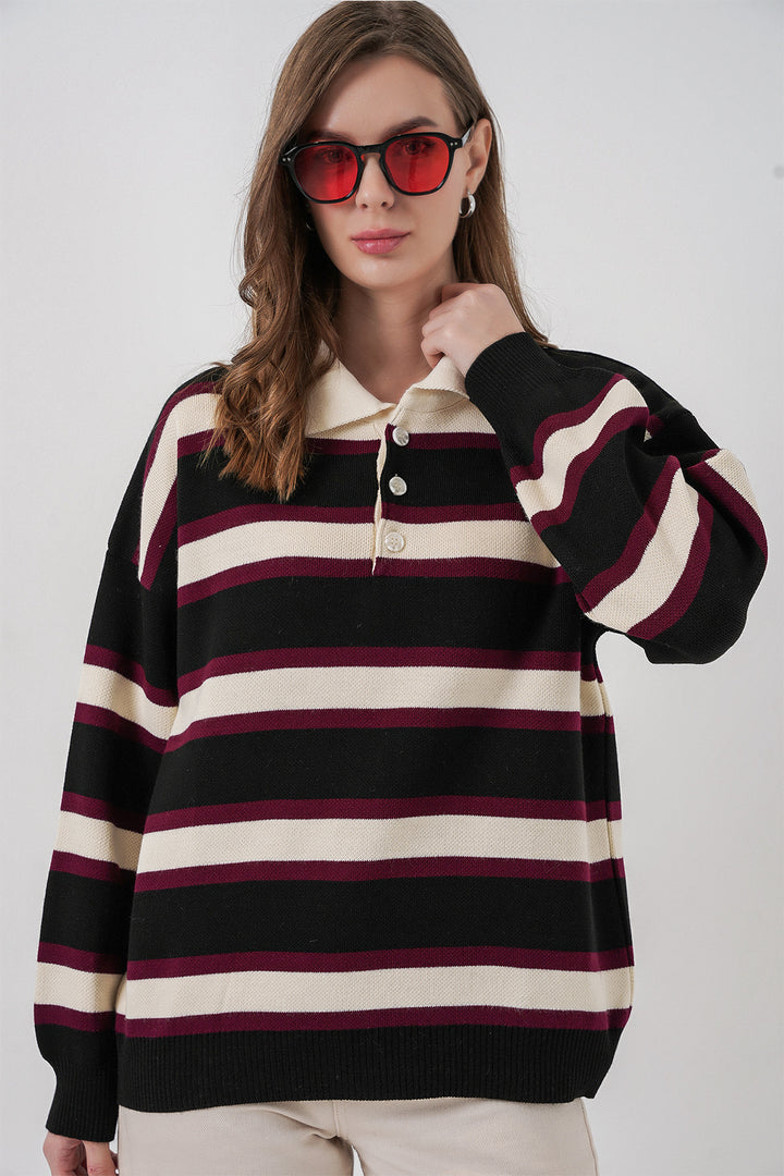Bigdart Pull en tricot à col polo rayé pour femme 15952 - Noir