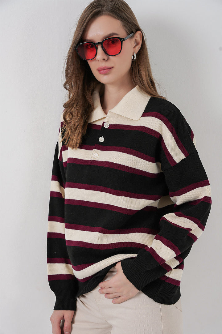 Bigdart Pull en tricot à col polo rayé pour femme 15952 - Noir