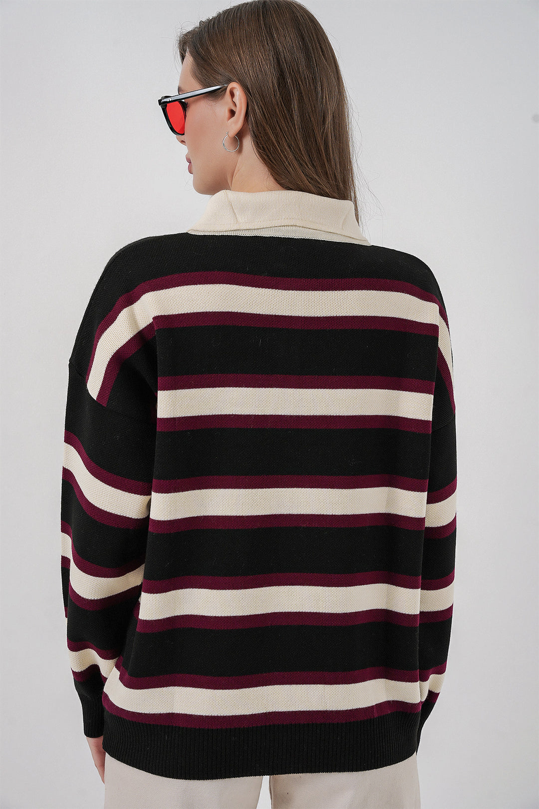 Bigdart Pull en tricot à col polo rayé pour femme 15952 - Noir