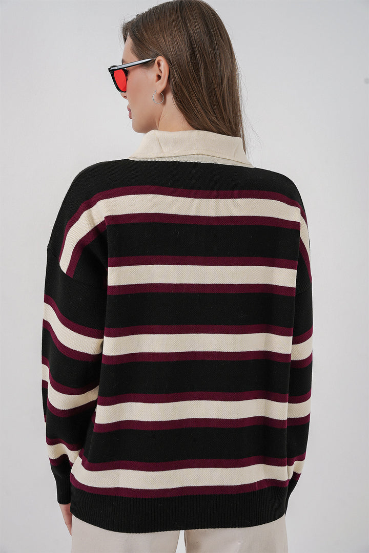 Bigdart Pull en tricot à col polo rayé pour femme 15952 - Noir