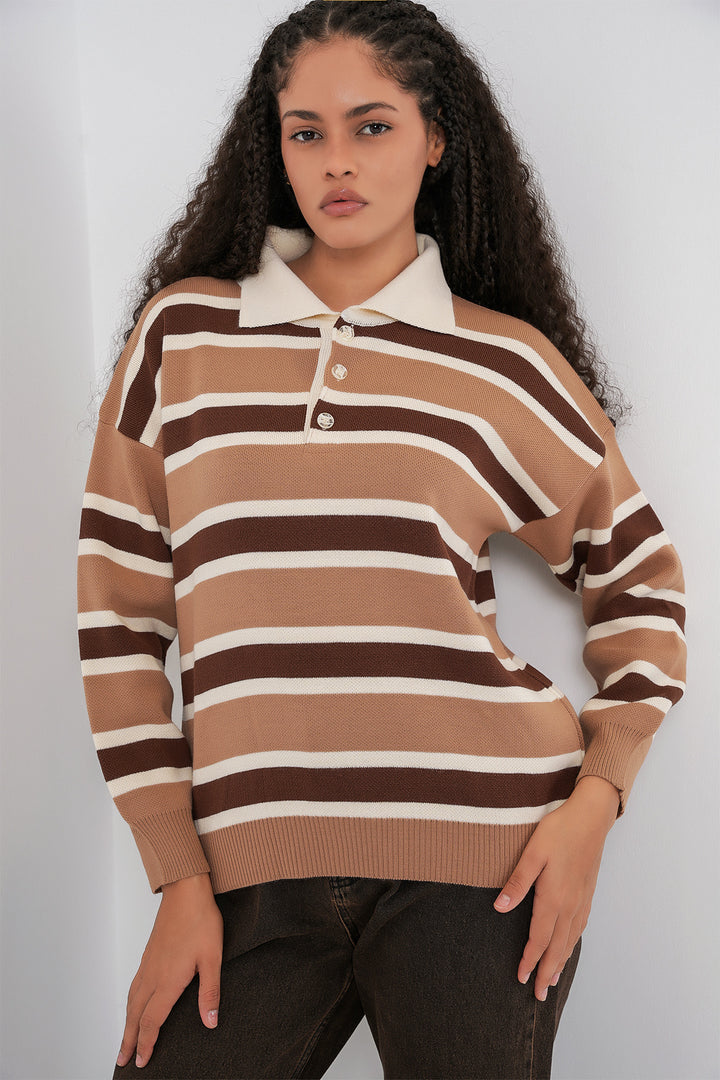 Bigdart Pull Tricot à Col Polo Rayé 15952 - Sable