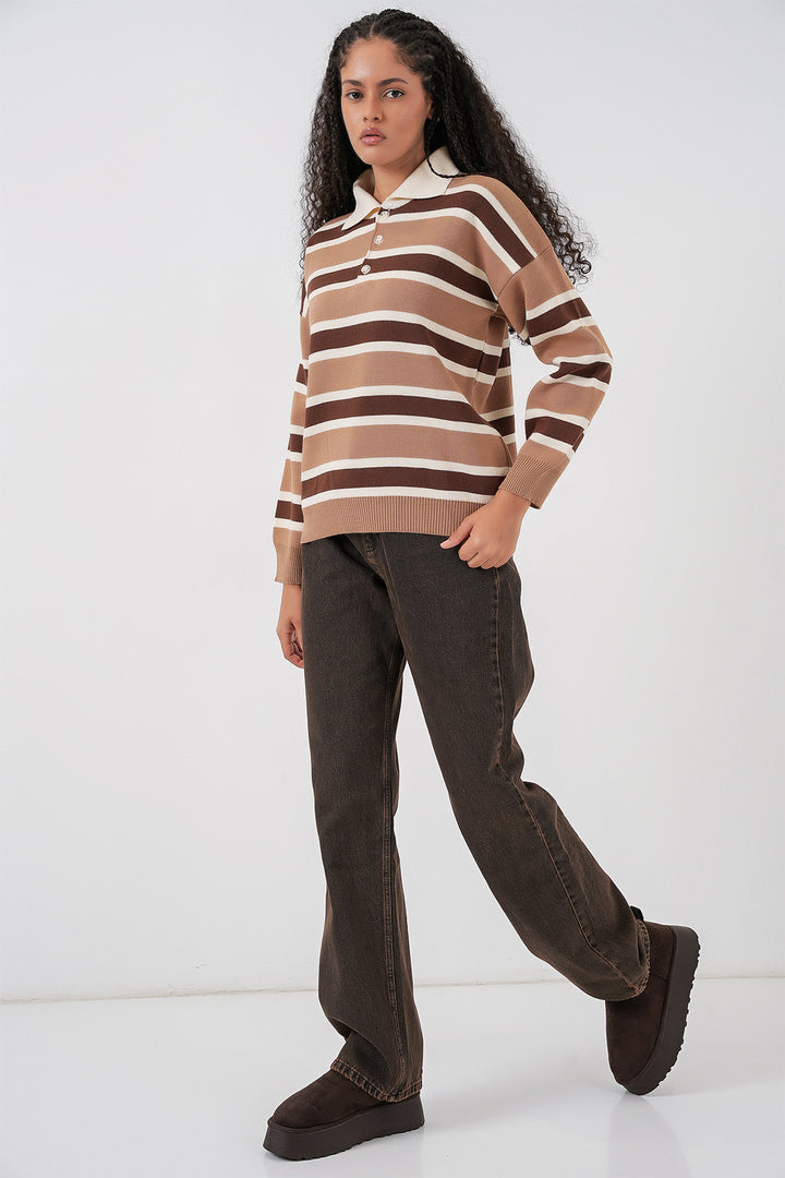 Bigdart Pull Tricot à Col Polo Rayé 15952 - Sable