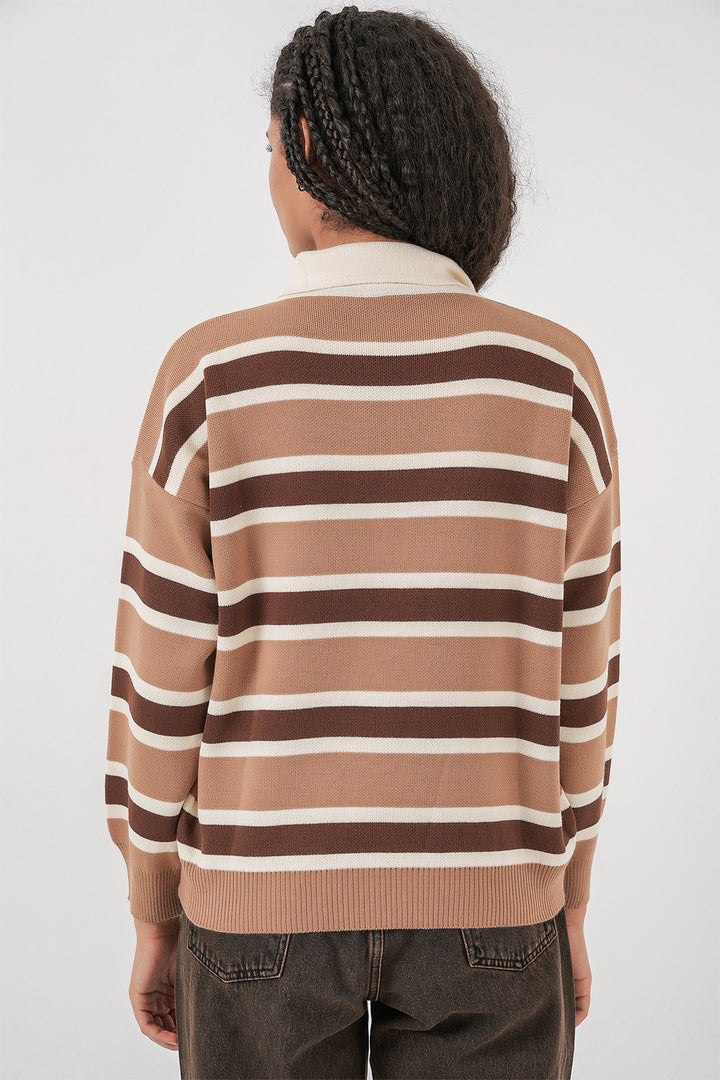 Bigdart Pull Tricot à Col Polo Rayé 15952 - Sable