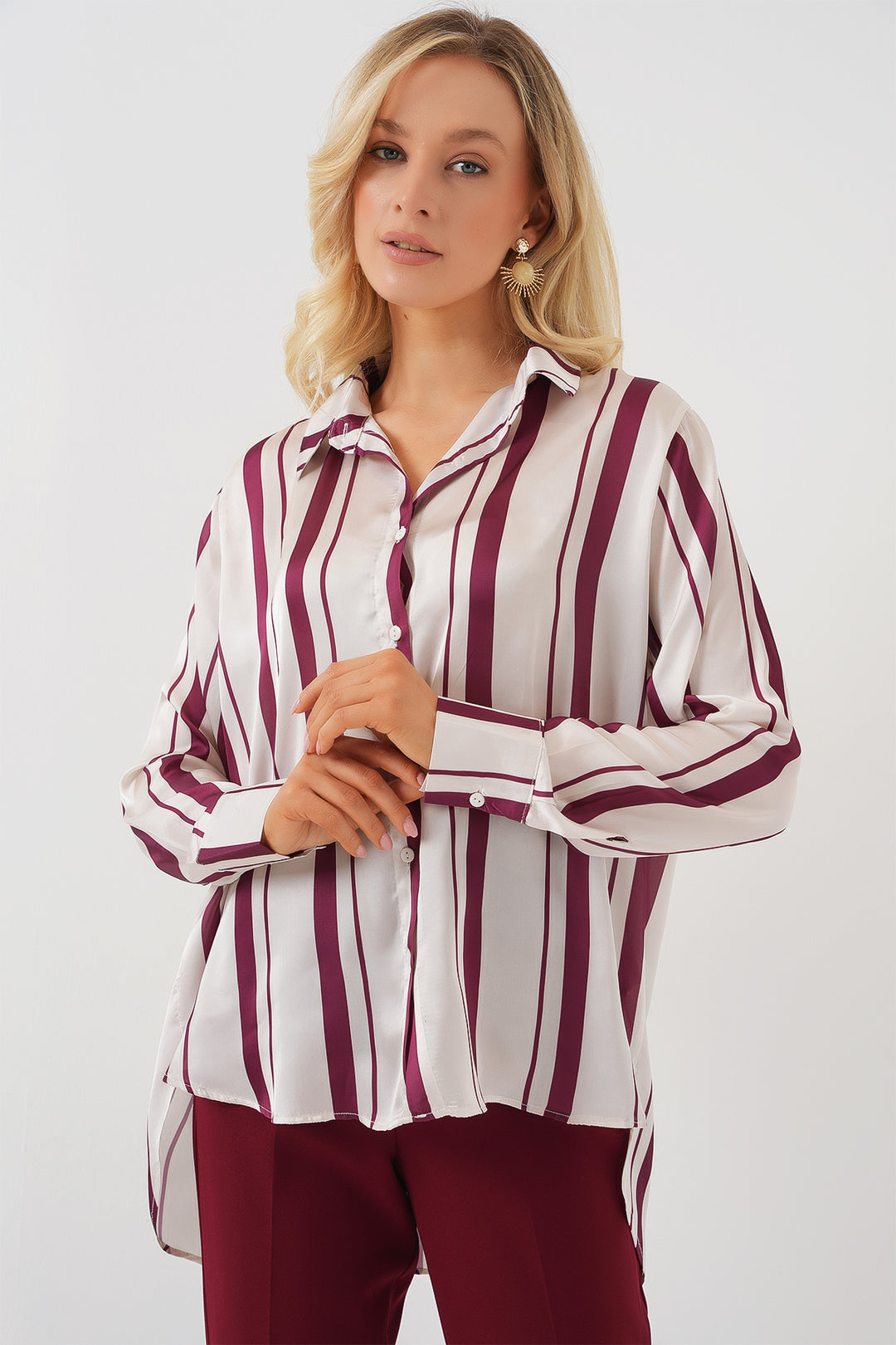 Bigdart Chemise en satin à manches longues rayée pour femme 20291 - Bordeaux