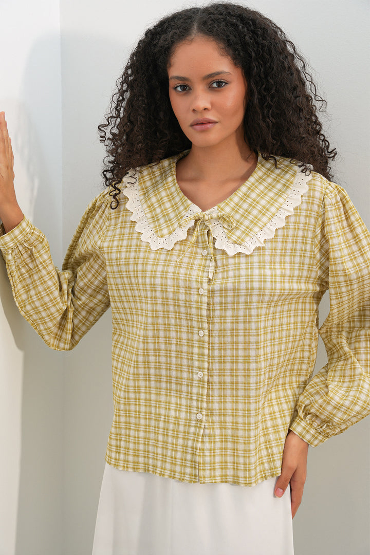 Bigdart Chemise à col en dentelle à carreaux pour femmes 20387 - Jaune