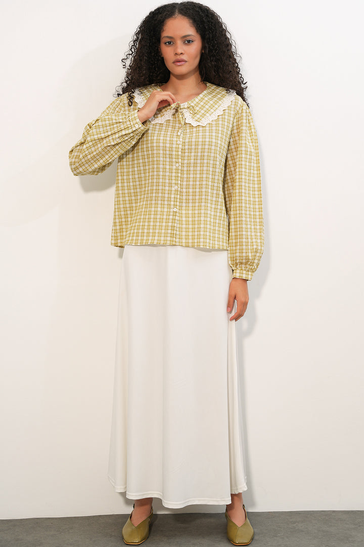 Bigdart Chemise à col en dentelle à carreaux pour femmes 20387 - Jaune