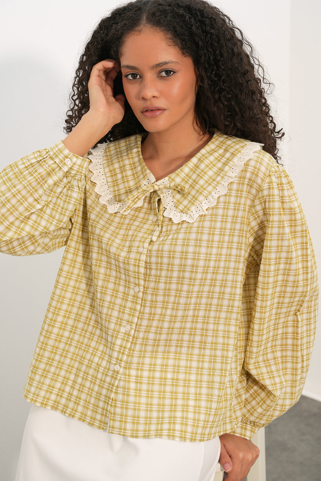 Bigdart Chemise à col en dentelle à carreaux pour femmes 20387 - Jaune