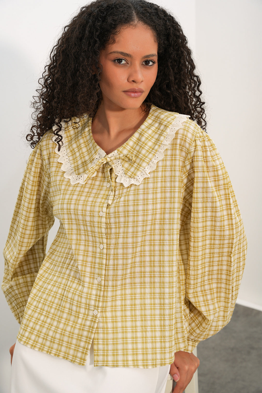 Bigdart Chemise à col en dentelle à carreaux pour femmes 20387 - Jaune