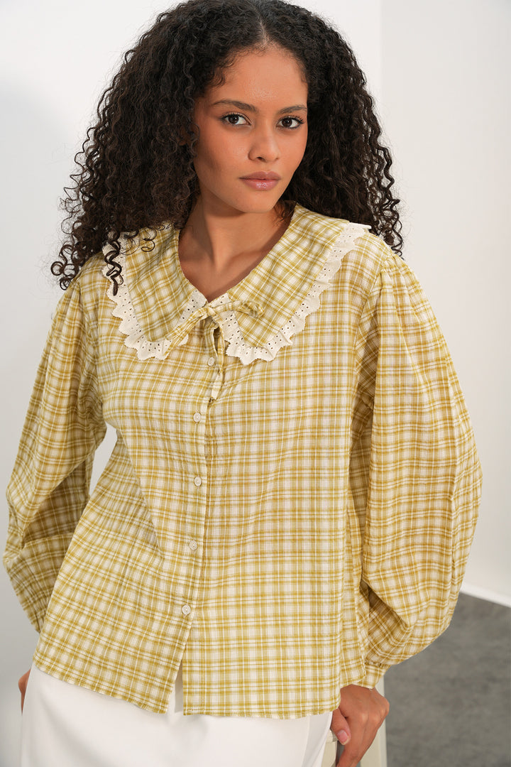 Bigdart Chemise à col en dentelle à carreaux pour femmes 20387 - Jaune