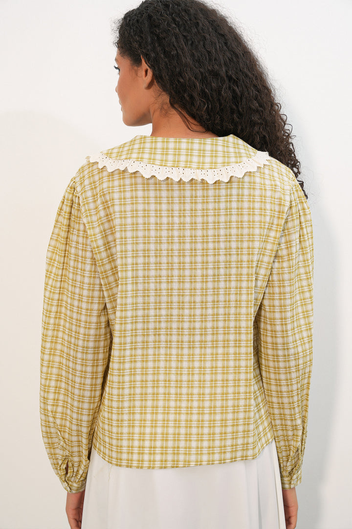 Bigdart Chemise à col en dentelle à carreaux pour femmes 20387 - Jaune