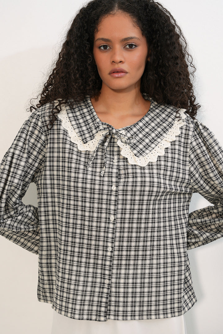 Bigdart Chemise à carreaux avec col en dentelle pour femme 20387 - Noir