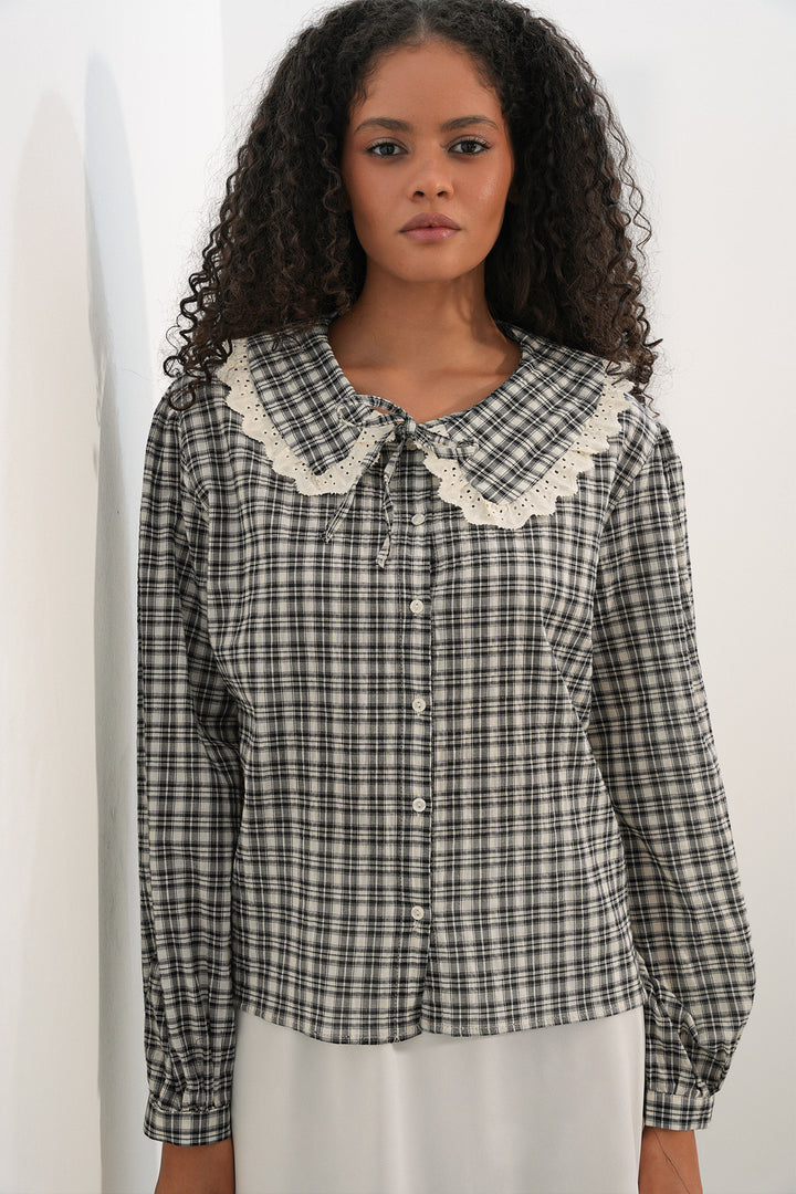 Bigdart Chemise à carreaux avec col en dentelle pour femme 20387 - Noir