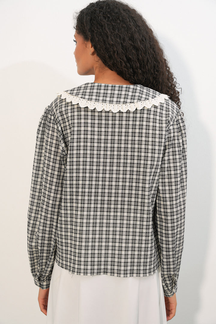 Bigdart Chemise à carreaux avec col en dentelle pour femme 20387 - Noir