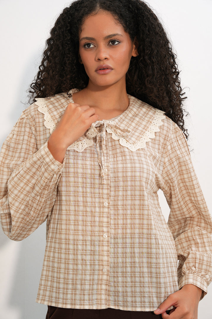 Bigdart Chemise à col en dentelle à carreaux pour femmes 20387 - Fumée