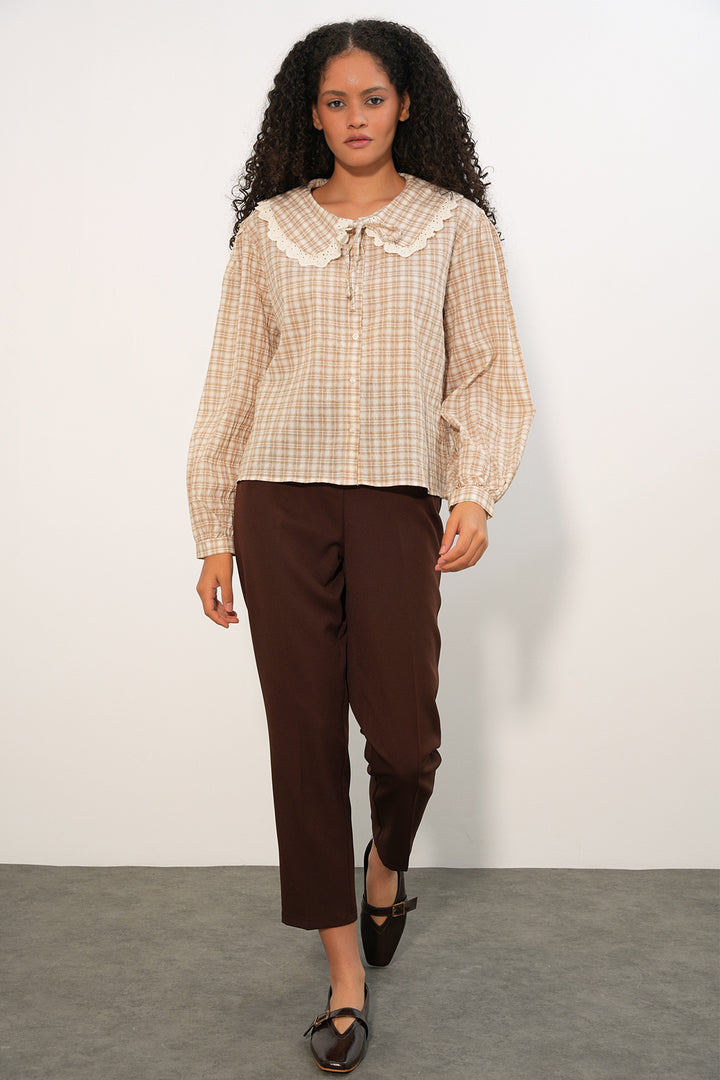 Bigdart Chemise à col en dentelle à carreaux pour femmes 20387 - Fumée