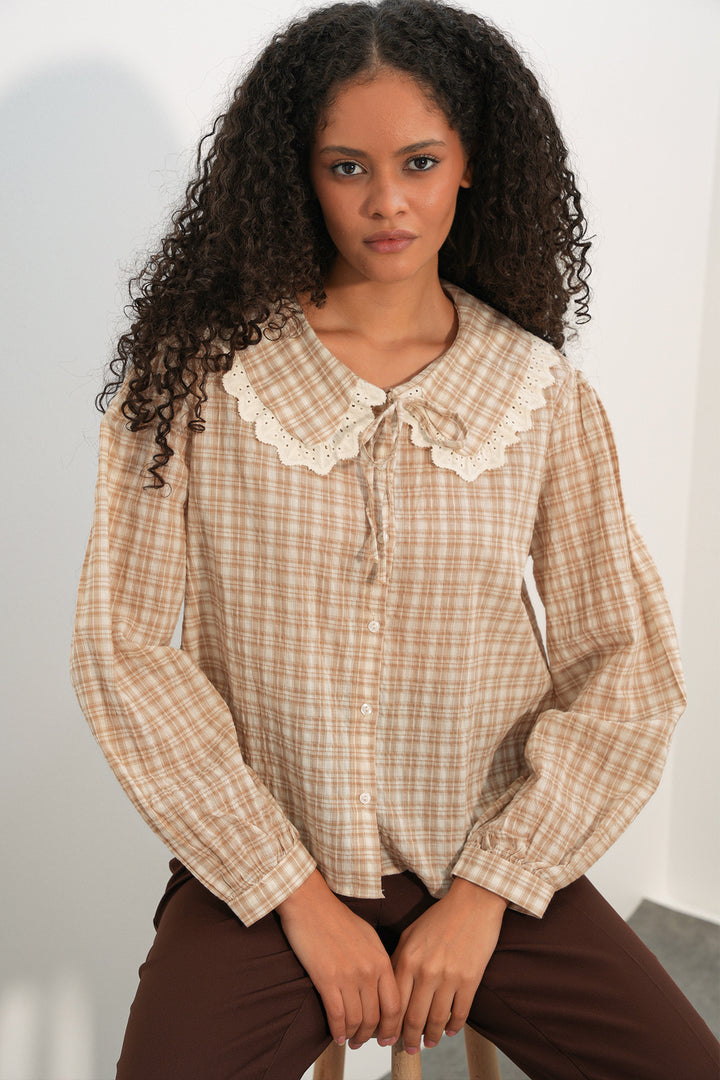 Bigdart Chemise à col en dentelle à carreaux pour femmes 20387 - Fumée