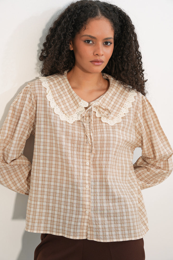 Bigdart Chemise à col en dentelle à carreaux pour femmes 20387 - Fumée