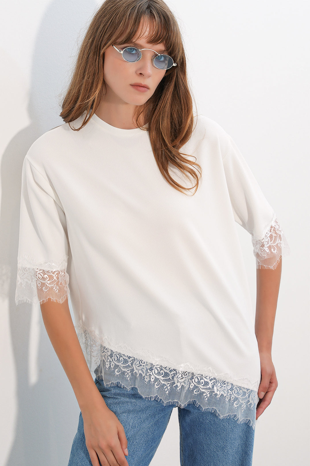 Bigdart Chemisier oversize détaillé en dentelle pour femme 40002 - Blanc