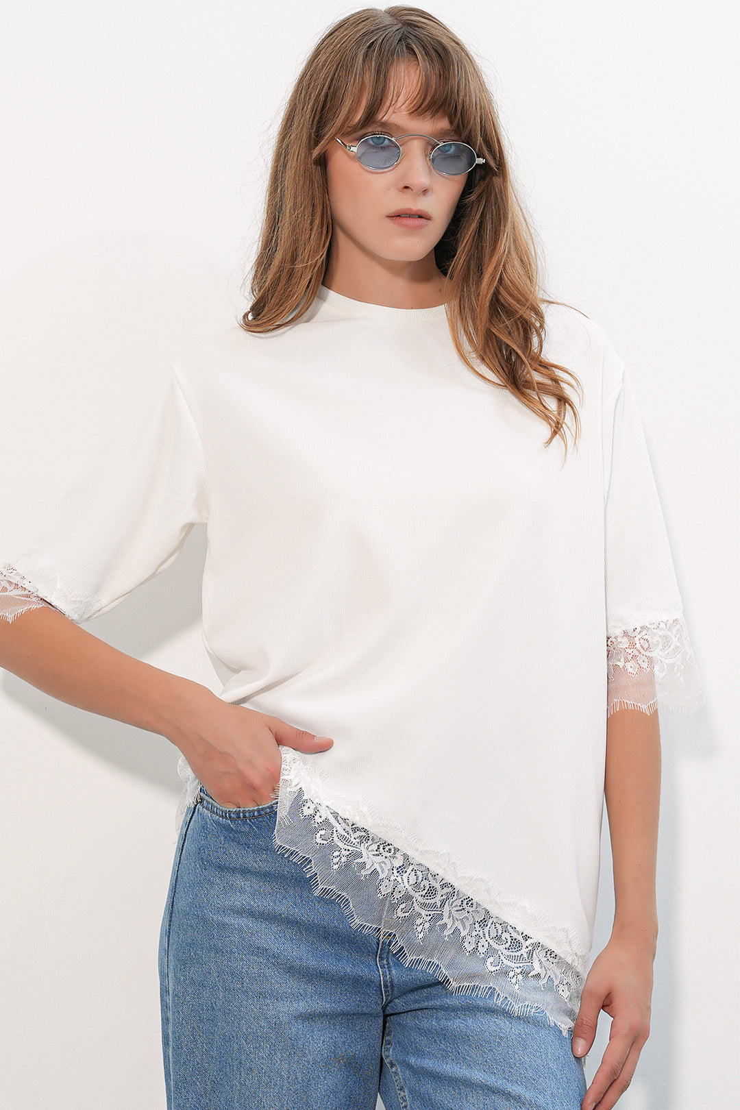 Bigdart Chemisier oversize détaillé en dentelle pour femme 40002 - Blanc