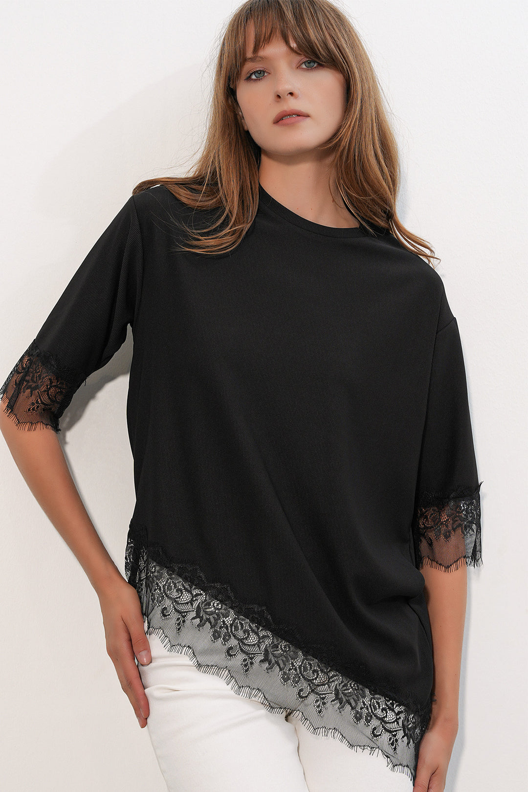 Bigdart Chemisier oversize détaillé en dentelle pour femme 40002 - Noir