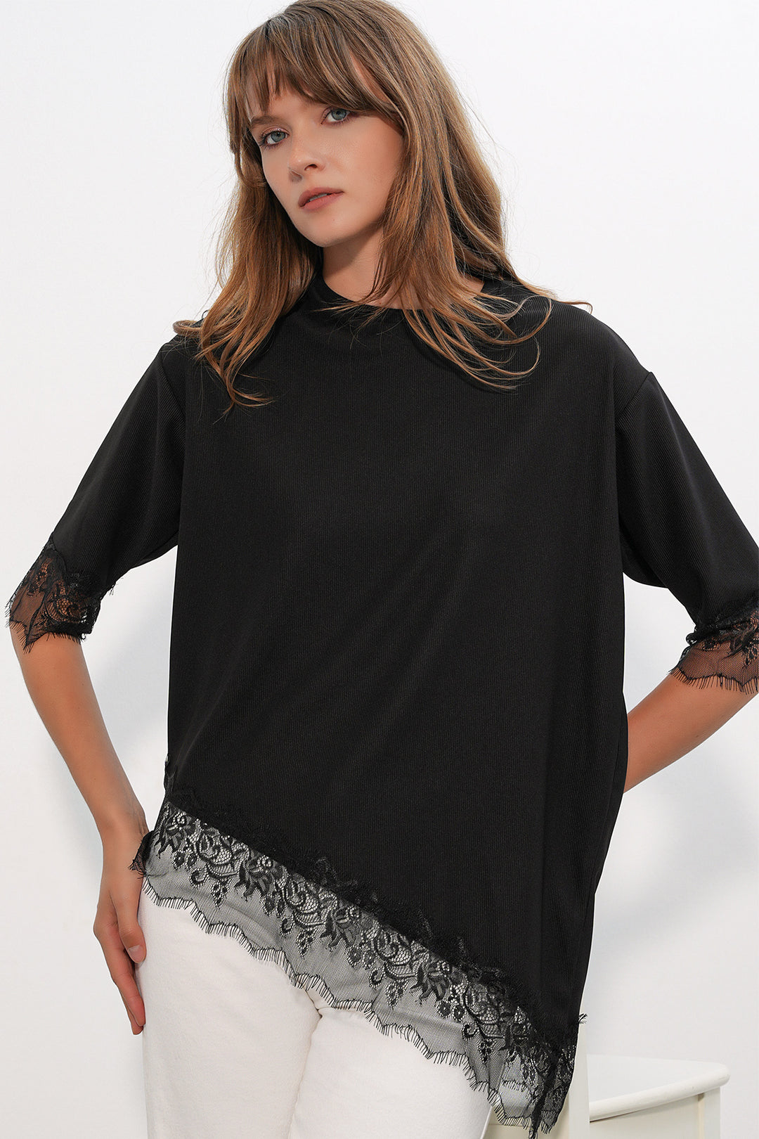 Bigdart Chemisier oversize détaillé en dentelle pour femme 40002 - Noir