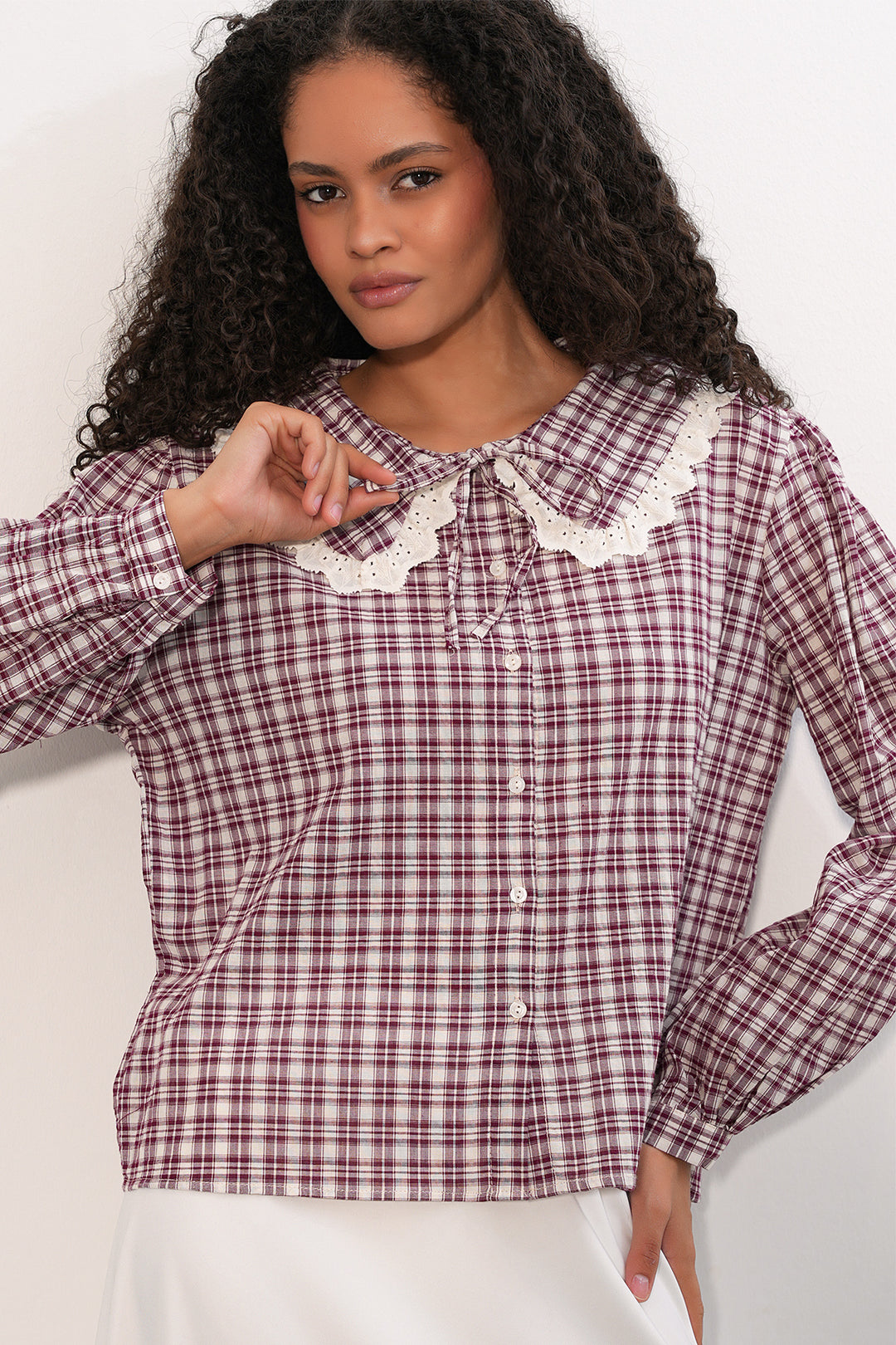 Bigdart Chemise à col en dentelle à carreaux pour femme 20387 - Bordeaux